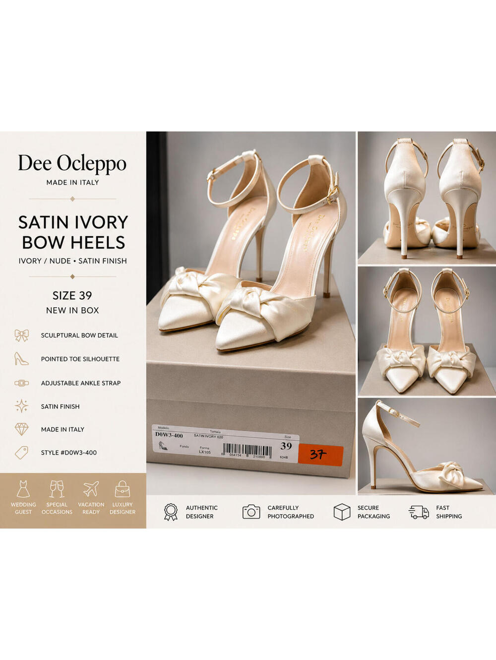 Dee Ocleppo Satin Bow Heels – Ivory/Nude – Size 39 – Made in Italy